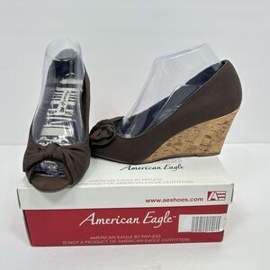 American Eagle Brown Fabric Peep Toe Cork Wedge Heel Shoes 8.5 Bow Classic